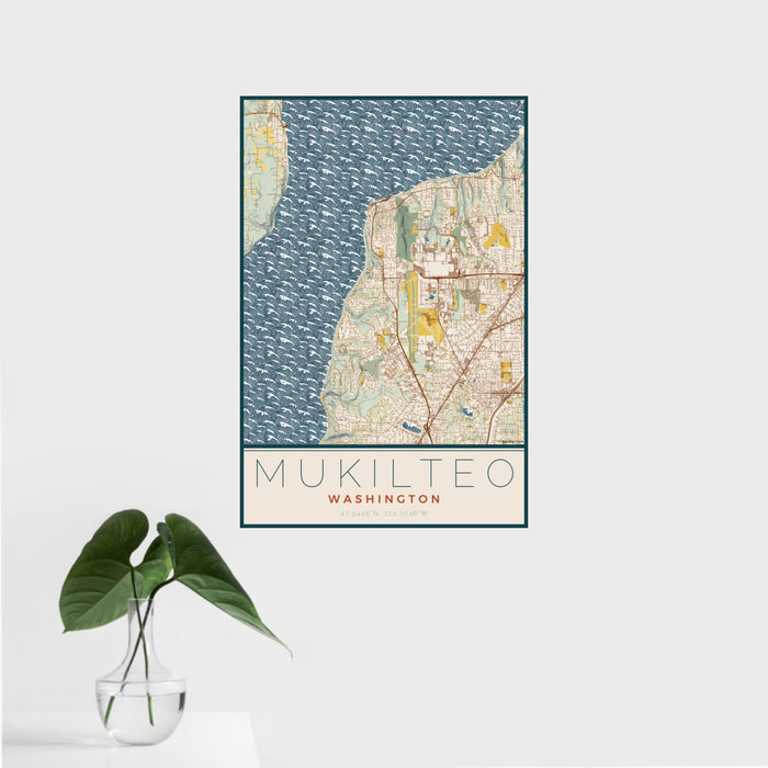 16x24 Mukilteo Washington Map Print Portrait Orientation in Woodblock Style With Tropical Plant Leaves in Water