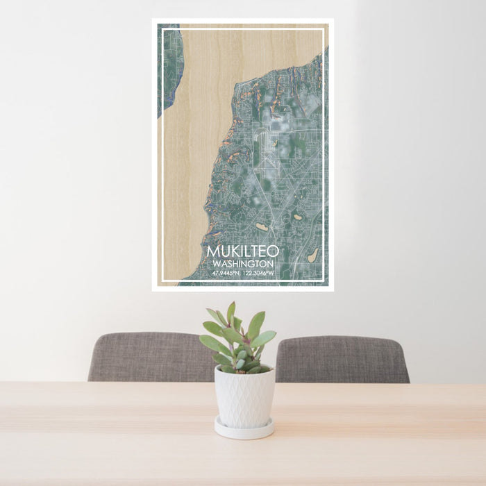 24x36 Mukilteo Washington Map Print Portrait Orientation in Afternoon Style Behind 2 Chairs Table and Potted Plant