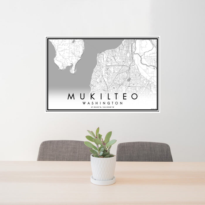 24x36 Mukilteo Washington Map Print Lanscape Orientation in Classic Style Behind 2 Chairs Table and Potted Plant
