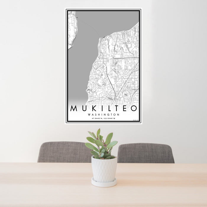 24x36 Mukilteo Washington Map Print Portrait Orientation in Classic Style Behind 2 Chairs Table and Potted Plant
