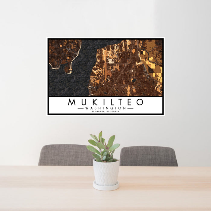24x36 Mukilteo Washington Map Print Lanscape Orientation in Ember Style Behind 2 Chairs Table and Potted Plant