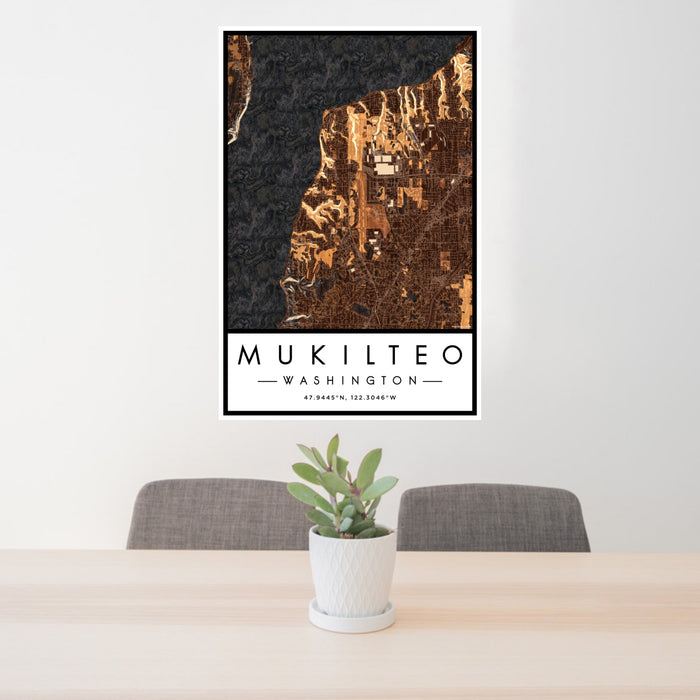 24x36 Mukilteo Washington Map Print Portrait Orientation in Ember Style Behind 2 Chairs Table and Potted Plant
