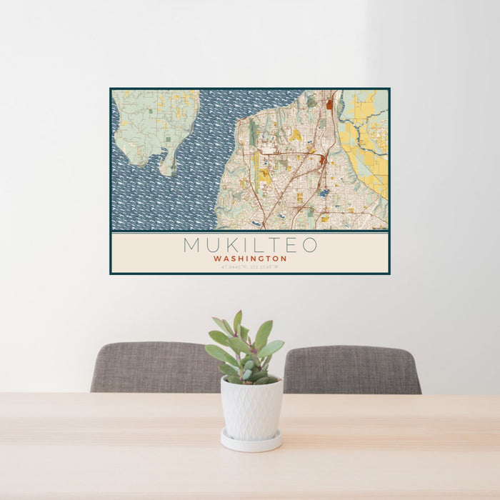 24x36 Mukilteo Washington Map Print Lanscape Orientation in Woodblock Style Behind 2 Chairs Table and Potted Plant
