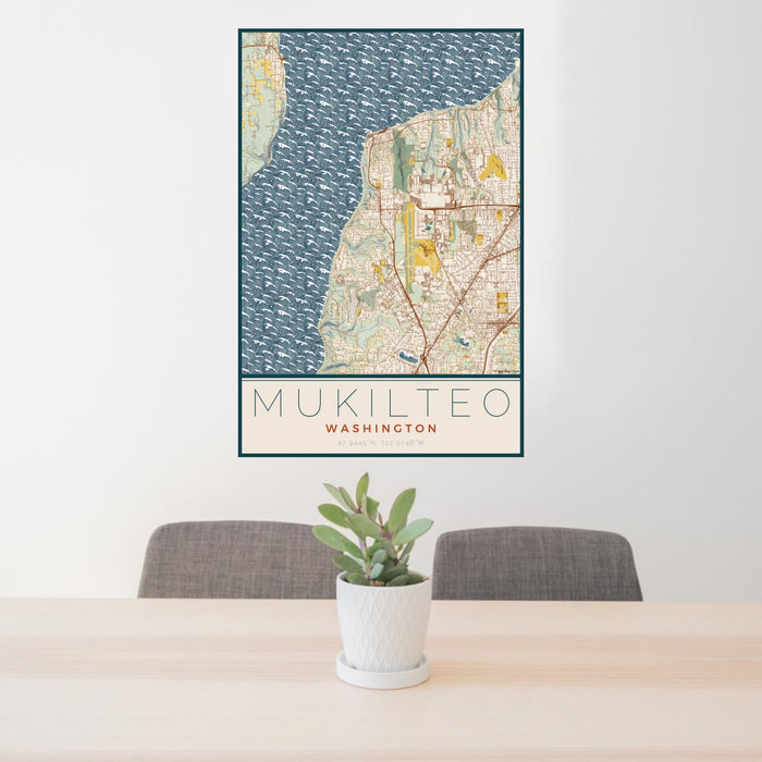 24x36 Mukilteo Washington Map Print Portrait Orientation in Woodblock Style Behind 2 Chairs Table and Potted Plant