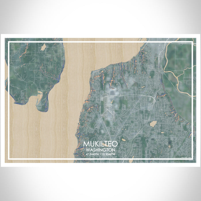 Mukilteo Washington Map Print Landscape Orientation in Afternoon Style With Shaded Background