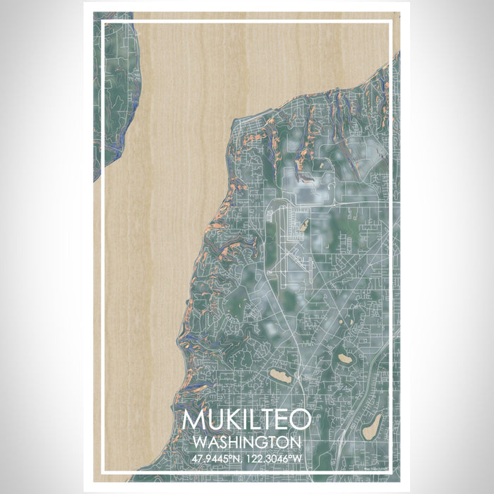 Mukilteo Washington Map Print Portrait Orientation in Afternoon Style With Shaded Background