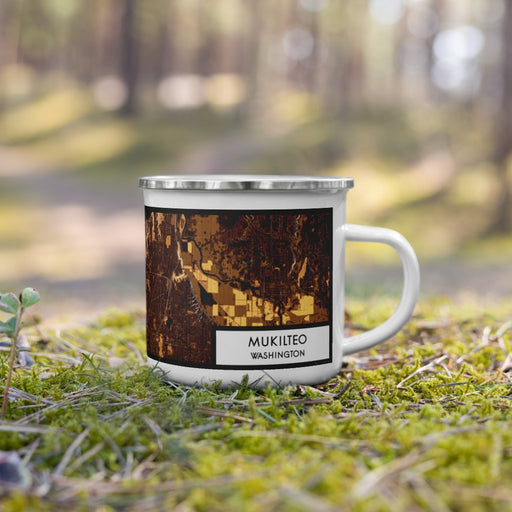 Right View Custom Mukilteo Washington Map Enamel Mug in Ember on Grass With Trees in Background