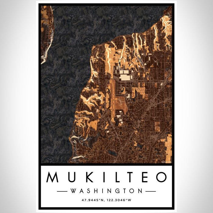 Mukilteo Washington Map Print Portrait Orientation in Ember Style With Shaded Background