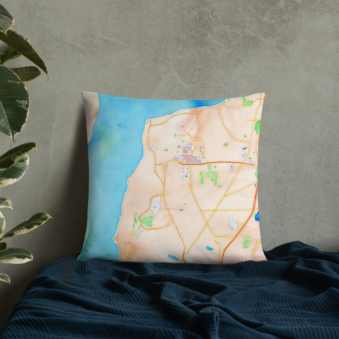 Custom Mukilteo Washington Map Throw Pillow in Watercolor on Bedding Against Wall