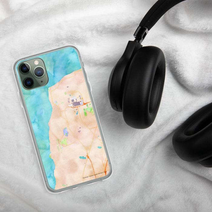 Custom Mukilteo Washington Map Phone Case in Watercolor on Table with Black Headphones