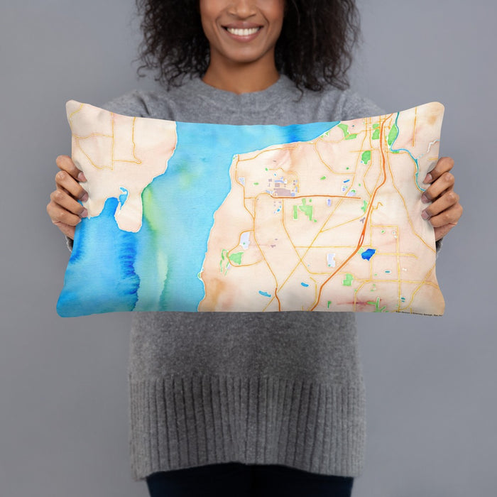 Person holding 20x12 Custom Mukilteo Washington Map Throw Pillow in Watercolor