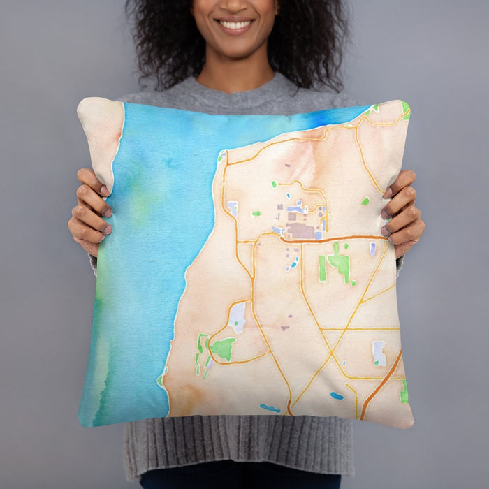Person holding 18x18 Custom Mukilteo Washington Map Throw Pillow in Watercolor