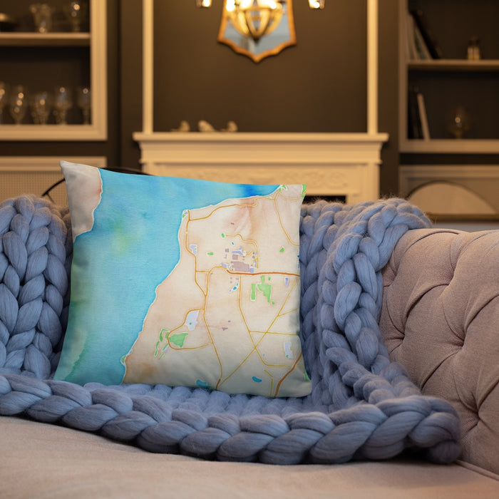 Custom Mukilteo Washington Map Throw Pillow in Watercolor on Cream Colored Couch
