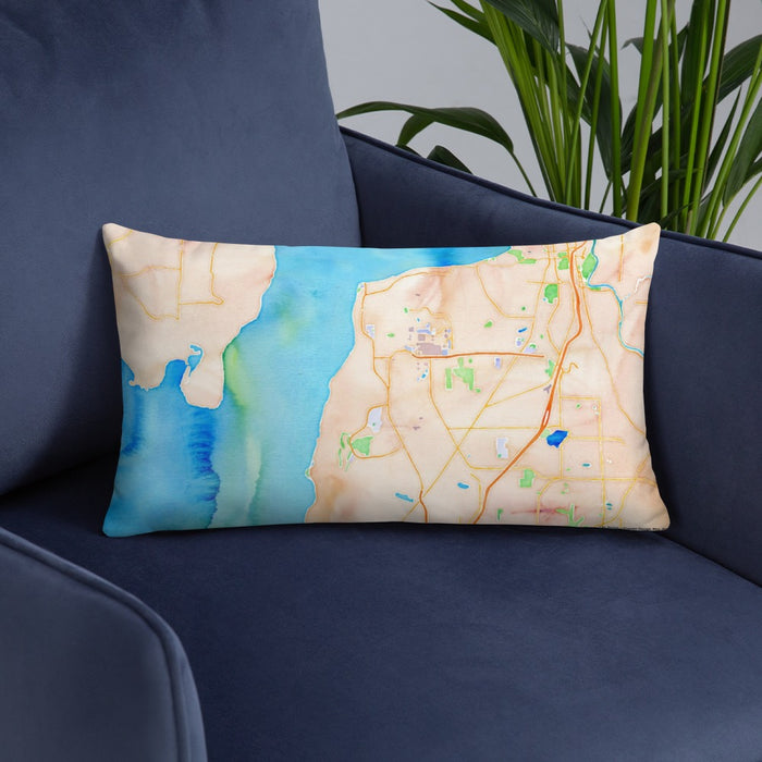 Custom Mukilteo Washington Map Throw Pillow in Watercolor on Blue Colored Chair
