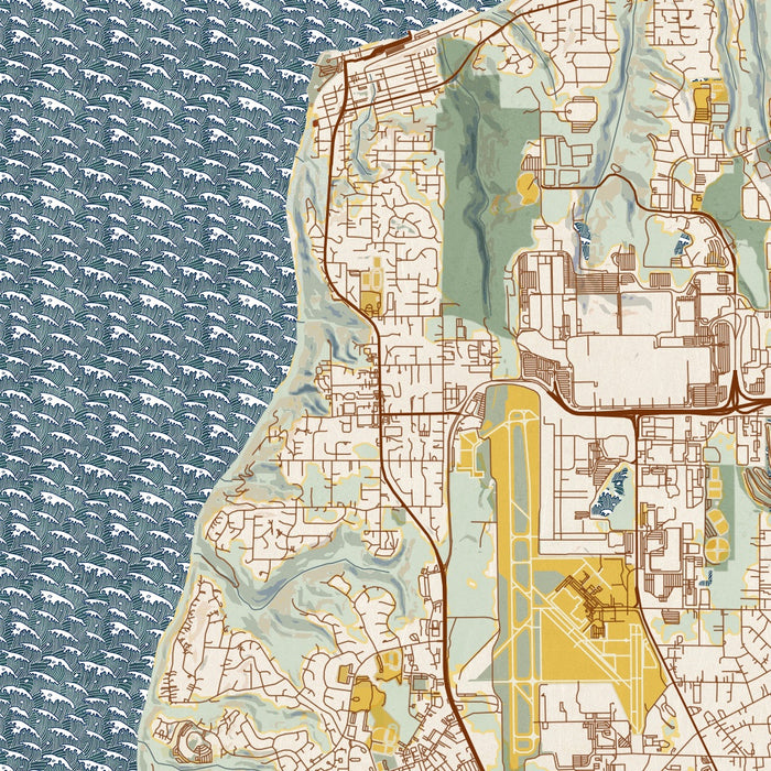 Mukilteo Washington Map Print in Woodblock Style Zoomed In Close Up Showing Details