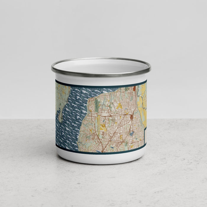 Front View Custom Mukilteo Washington Map Enamel Mug in Woodblock