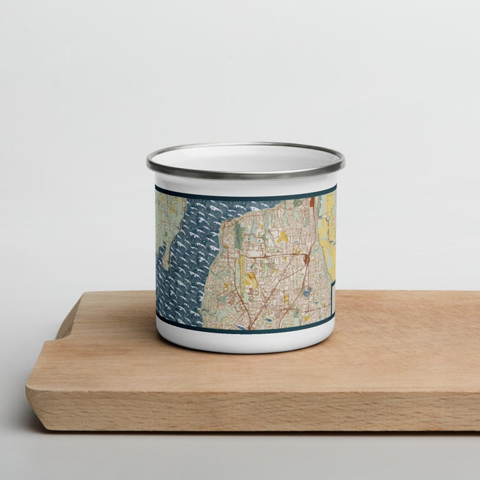 Front View Custom Mukilteo Washington Map Enamel Mug in Woodblock on Cutting Board
