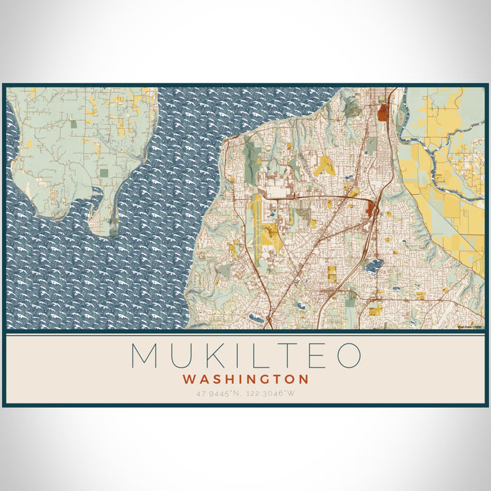 Mukilteo Washington Map Print Landscape Orientation in Woodblock Style With Shaded Background