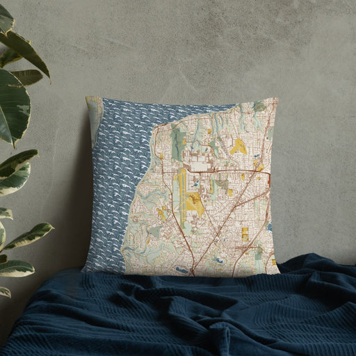 Custom Mukilteo Washington Map Throw Pillow in Woodblock on Bedding Against Wall