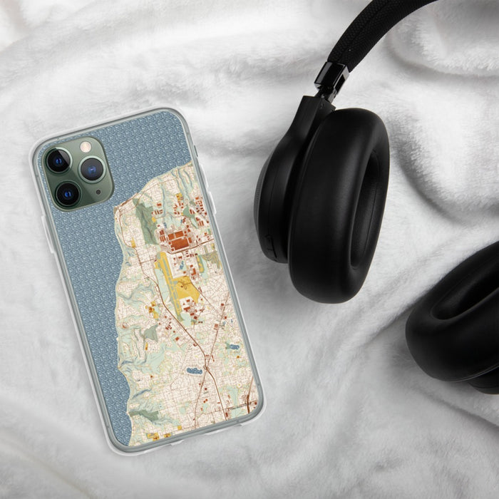 Custom Mukilteo Washington Map Phone Case in Woodblock on Table with Black Headphones