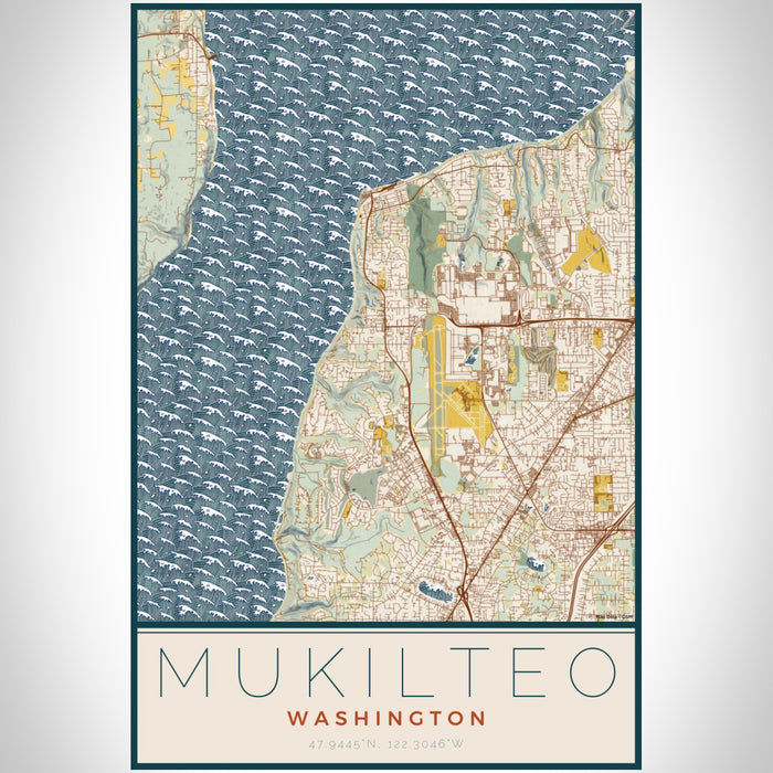 Mukilteo Washington Map Print Portrait Orientation in Woodblock Style With Shaded Background