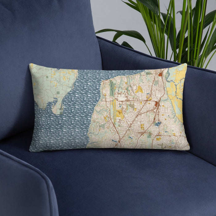 Custom Mukilteo Washington Map Throw Pillow in Woodblock on Blue Colored Chair