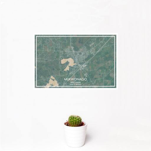 12x18 Mukwonago Wisconsin Map Print Landscape Orientation in Afternoon Style With Small Cactus Plant in White Planter