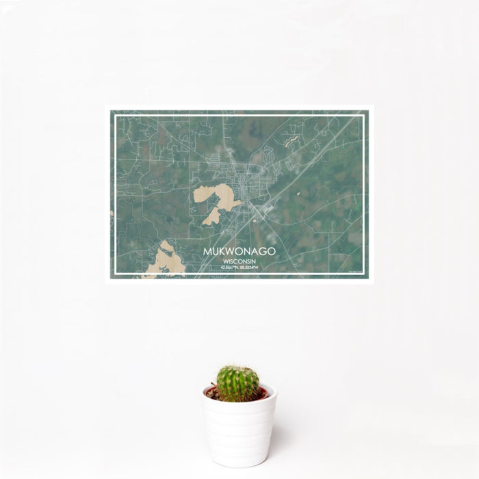 12x18 Mukwonago Wisconsin Map Print Landscape Orientation in Afternoon Style With Small Cactus Plant in White Planter