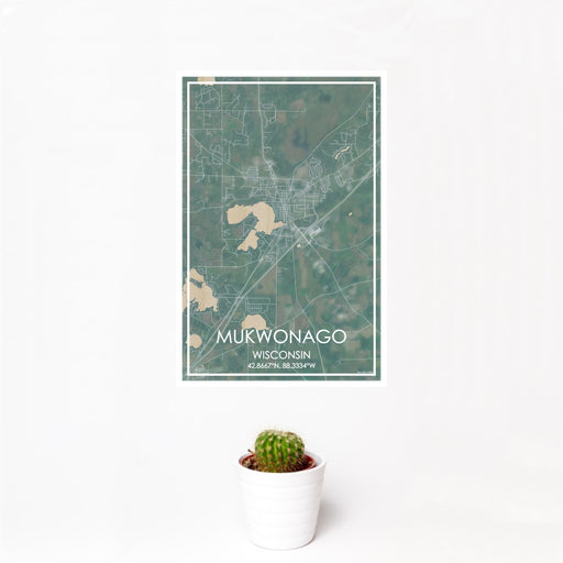 12x18 Mukwonago Wisconsin Map Print Portrait Orientation in Afternoon Style With Small Cactus Plant in White Planter