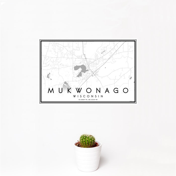 12x18 Mukwonago Wisconsin Map Print Landscape Orientation in Classic Style With Small Cactus Plant in White Planter