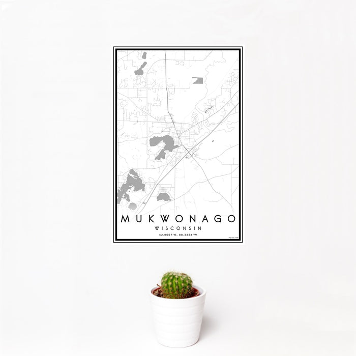 12x18 Mukwonago Wisconsin Map Print Portrait Orientation in Classic Style With Small Cactus Plant in White Planter
