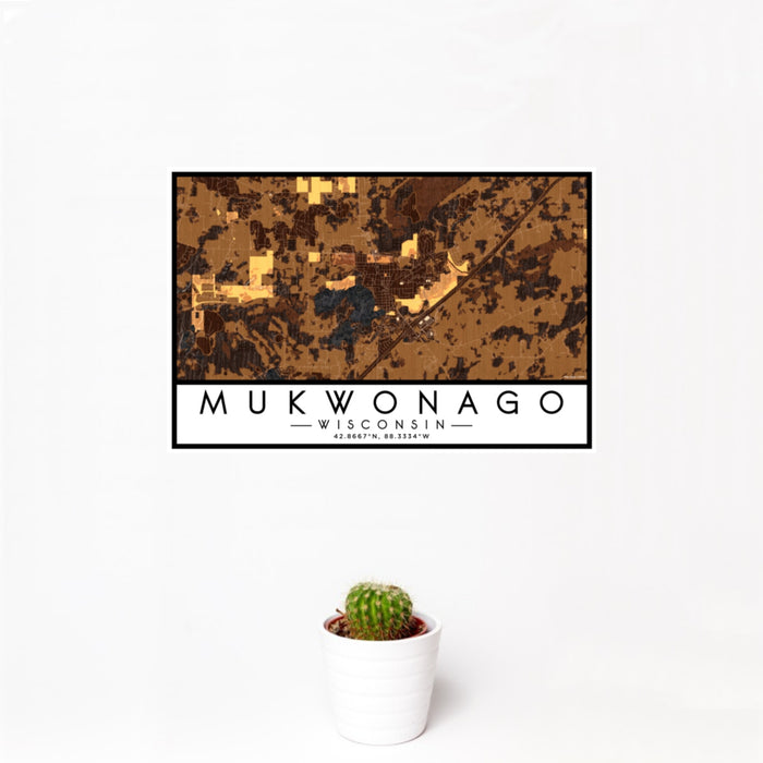 12x18 Mukwonago Wisconsin Map Print Landscape Orientation in Ember Style With Small Cactus Plant in White Planter