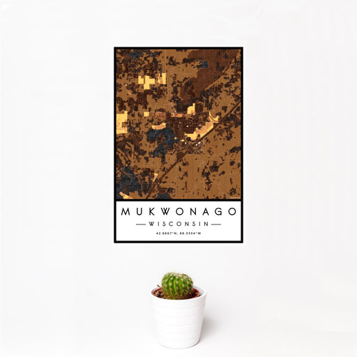 12x18 Mukwonago Wisconsin Map Print Portrait Orientation in Ember Style With Small Cactus Plant in White Planter