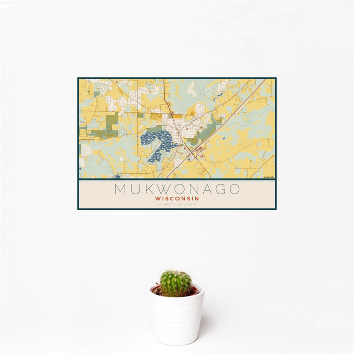 12x18 Mukwonago Wisconsin Map Print Landscape Orientation in Woodblock Style With Small Cactus Plant in White Planter