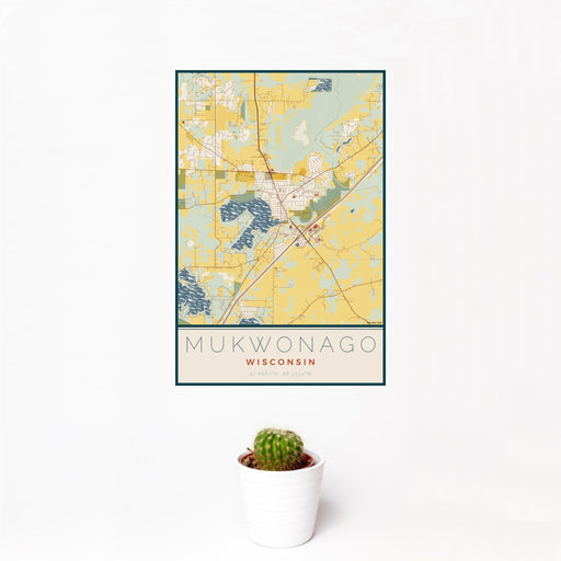 12x18 Mukwonago Wisconsin Map Print Portrait Orientation in Woodblock Style With Small Cactus Plant in White Planter