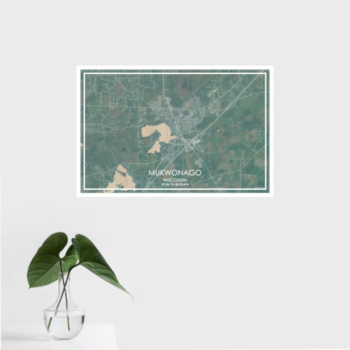 16x24 Mukwonago Wisconsin Map Print Landscape Orientation in Afternoon Style With Tropical Plant Leaves in Water
