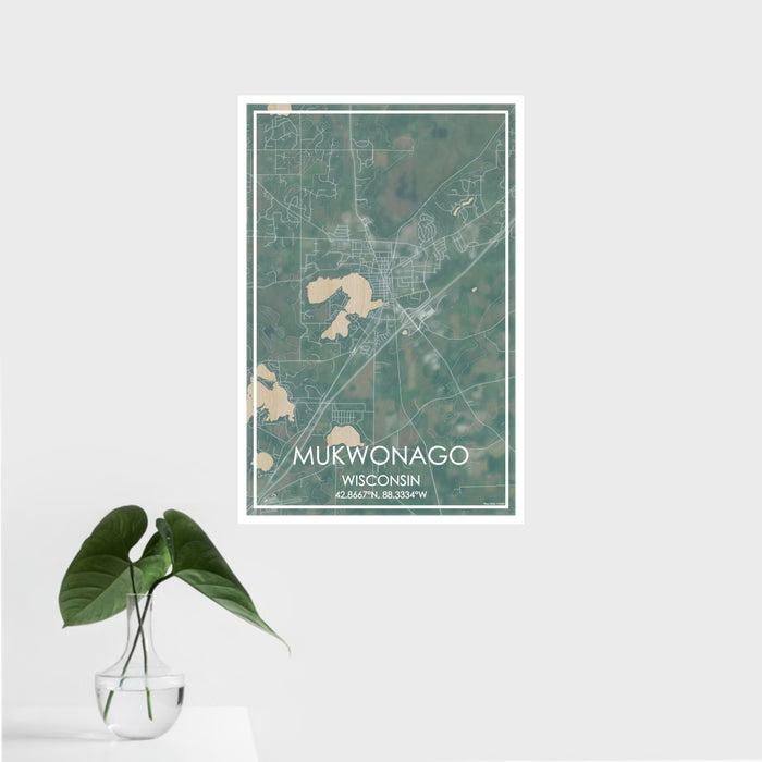 16x24 Mukwonago Wisconsin Map Print Portrait Orientation in Afternoon Style With Tropical Plant Leaves in Water