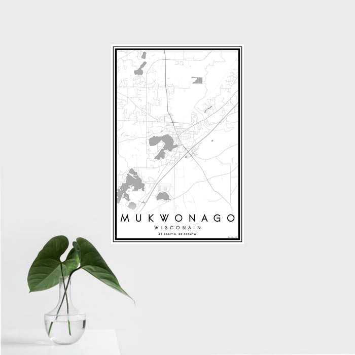 16x24 Mukwonago Wisconsin Map Print Portrait Orientation in Classic Style With Tropical Plant Leaves in Water