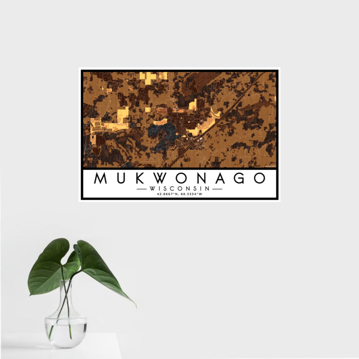 16x24 Mukwonago Wisconsin Map Print Landscape Orientation in Ember Style With Tropical Plant Leaves in Water