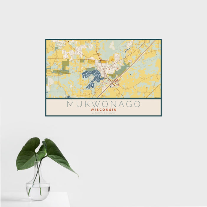 16x24 Mukwonago Wisconsin Map Print Landscape Orientation in Woodblock Style With Tropical Plant Leaves in Water