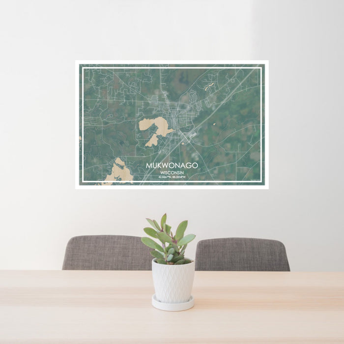 24x36 Mukwonago Wisconsin Map Print Lanscape Orientation in Afternoon Style Behind 2 Chairs Table and Potted Plant