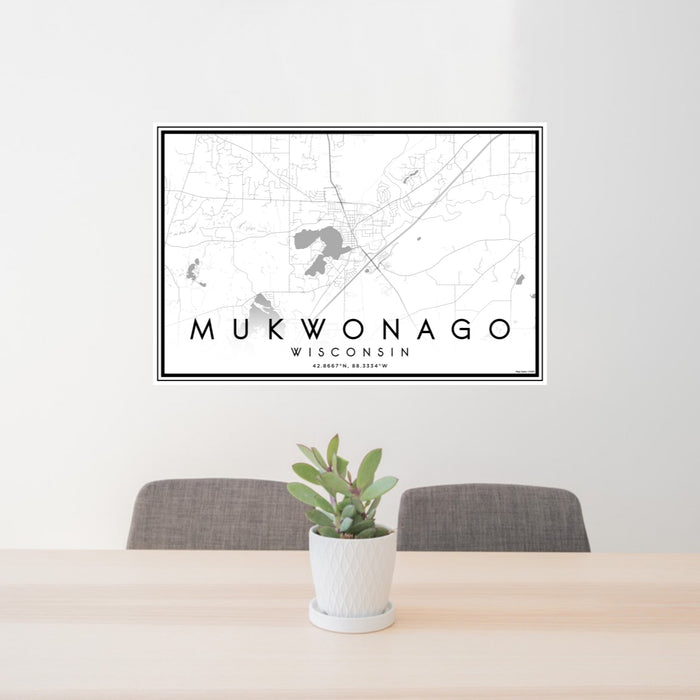 24x36 Mukwonago Wisconsin Map Print Lanscape Orientation in Classic Style Behind 2 Chairs Table and Potted Plant