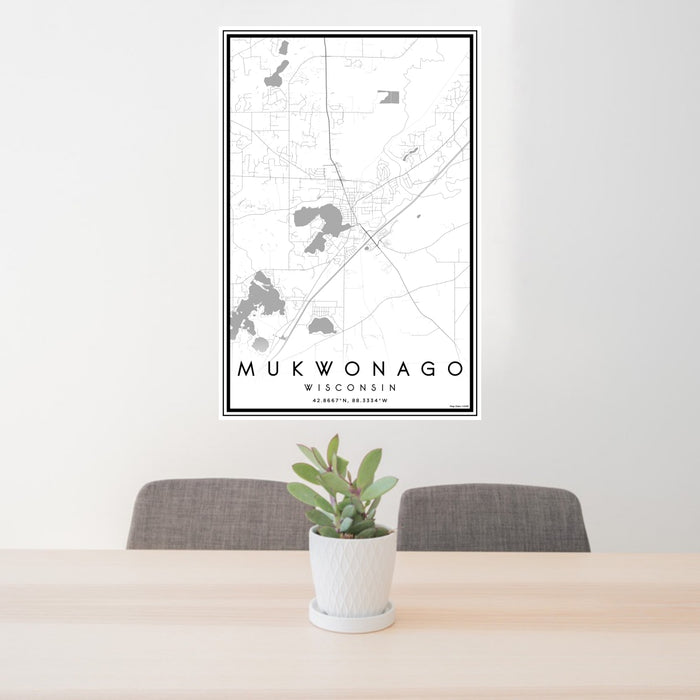 24x36 Mukwonago Wisconsin Map Print Portrait Orientation in Classic Style Behind 2 Chairs Table and Potted Plant