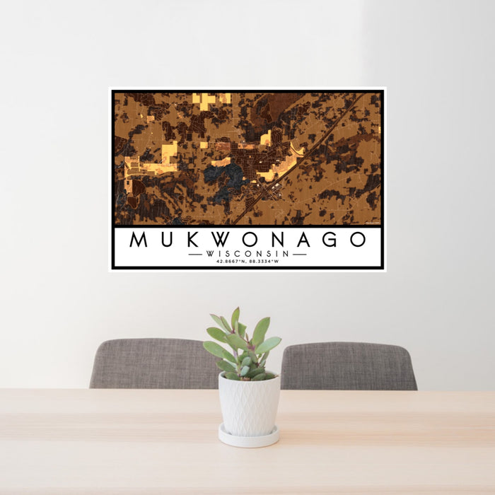 24x36 Mukwonago Wisconsin Map Print Lanscape Orientation in Ember Style Behind 2 Chairs Table and Potted Plant