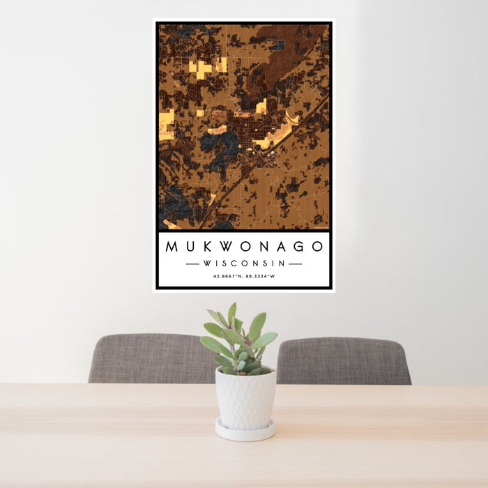 24x36 Mukwonago Wisconsin Map Print Portrait Orientation in Ember Style Behind 2 Chairs Table and Potted Plant