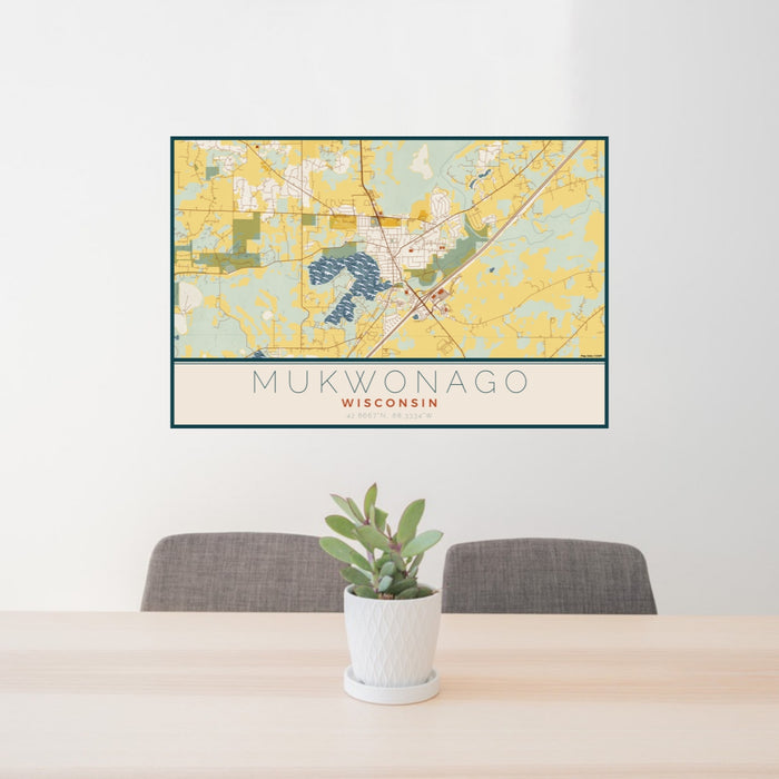 24x36 Mukwonago Wisconsin Map Print Lanscape Orientation in Woodblock Style Behind 2 Chairs Table and Potted Plant
