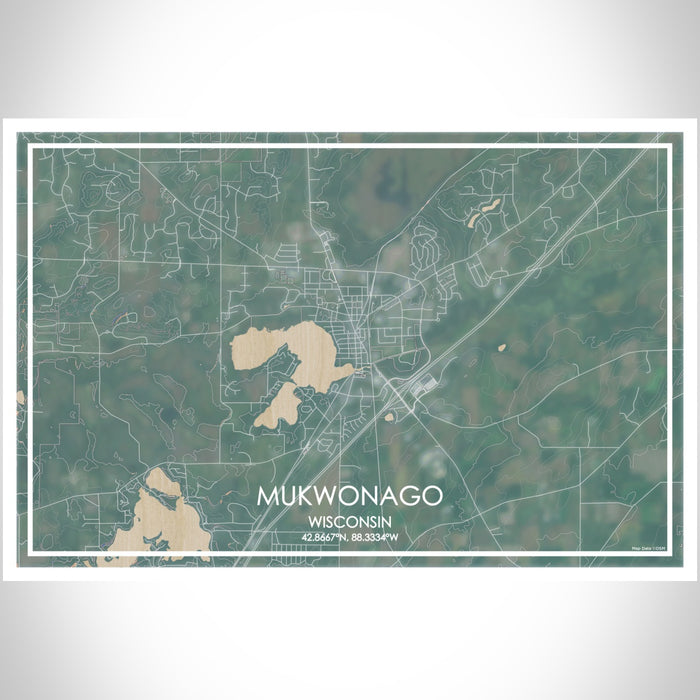 Mukwonago Wisconsin Map Print Landscape Orientation in Afternoon Style With Shaded Background