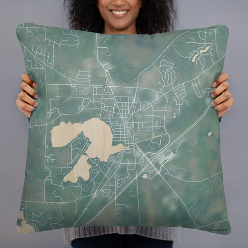 Person holding 22x22 Custom Mukwonago Wisconsin Map Throw Pillow in Afternoon