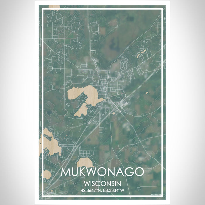 Mukwonago Wisconsin Map Print Portrait Orientation in Afternoon Style With Shaded Background