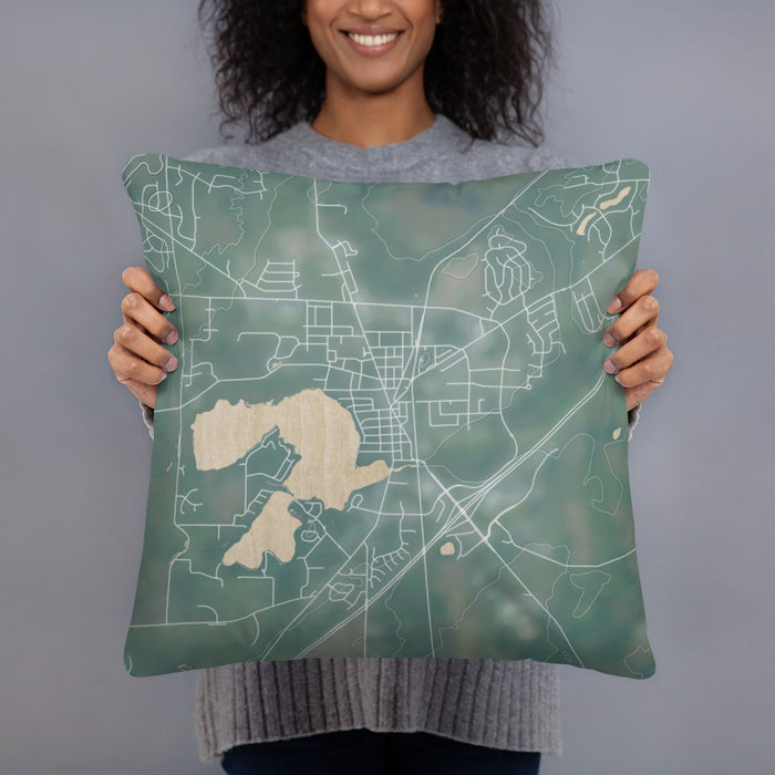 Person holding 18x18 Custom Mukwonago Wisconsin Map Throw Pillow in Afternoon